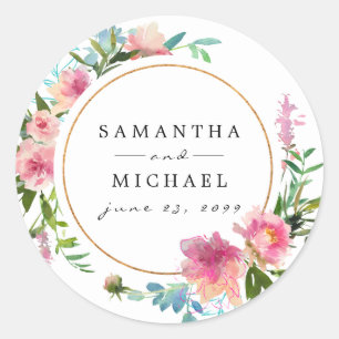 Custom Pink Watercolor Peony and Gold Wedding Runder Aufkleber
