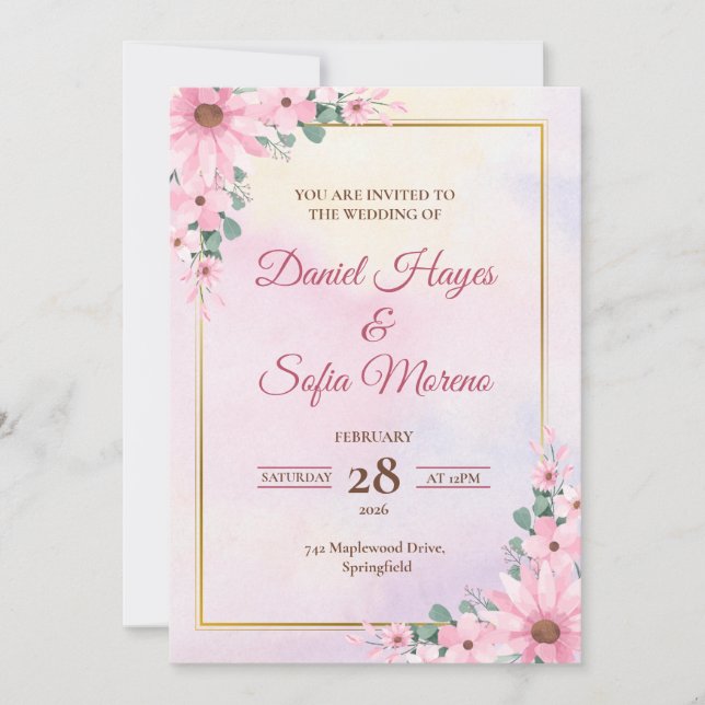 Custom Pink Watercolor Wedding Invitation Einladung (Vorderseite)
