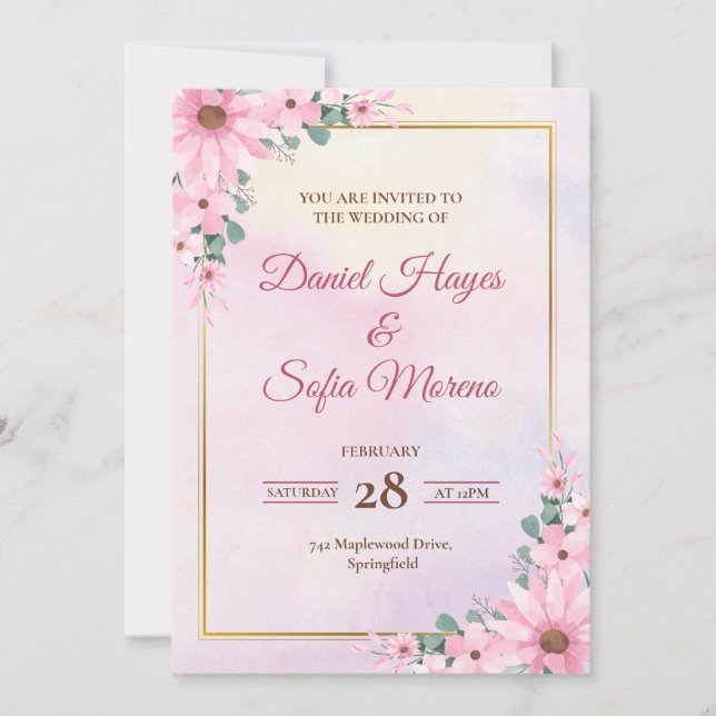 Custom Pink Watercolor Wedding Invitation Einladung (Vorderseite)