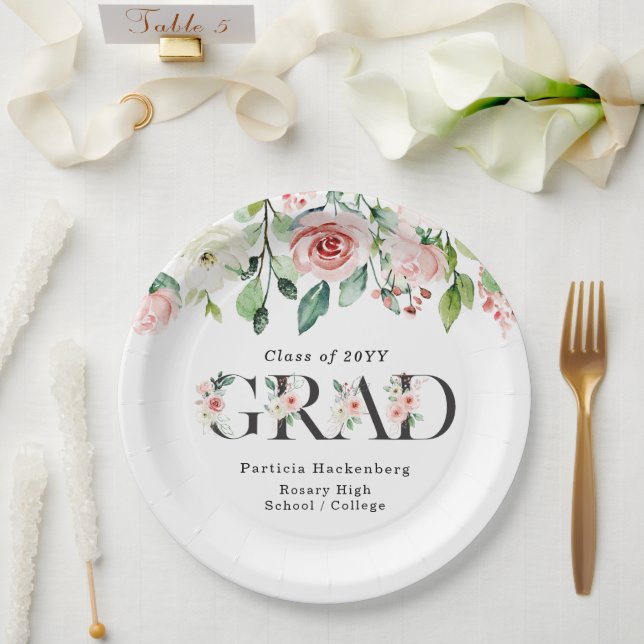 Custom Pink & White Watercolor Floral Grad Party  Pappteller (Hochzeit)