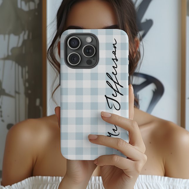 Custom Plaid Mr & Mrs iPhone Case Gift for Wife (Personalized Sky Blue Gingham iPhone Case – Wedding Gift for Bride and Groom, Husband and Wife)
