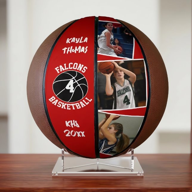 Custom Player Photos Team Name and Number Red Basketball (Custom basketballs for basketball players with read team colors. Great for senior night team gifts!)