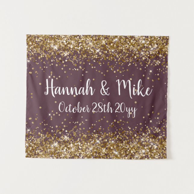 Custom Plum Lila Gold Wedding Foto Booth Prop Wandteppich (Vorderseite (Horizontal))