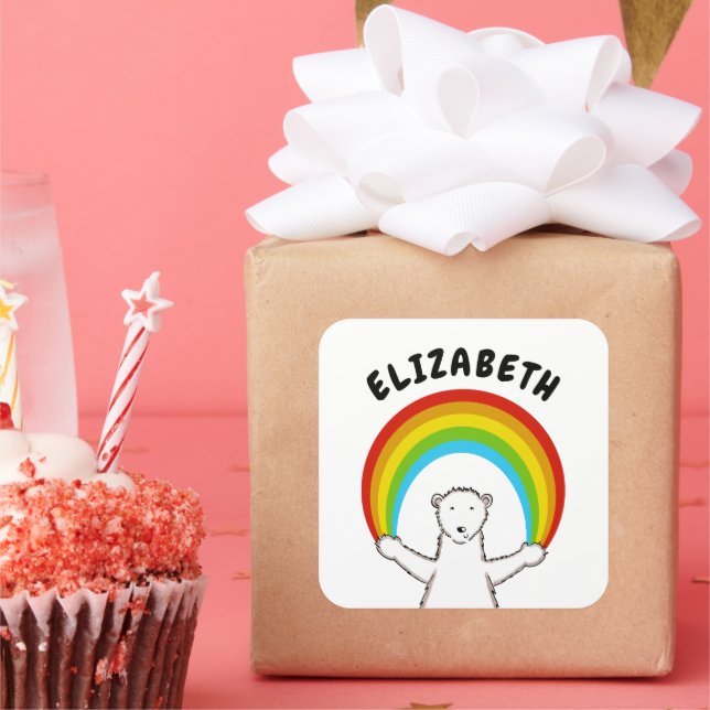 Custom Polar Bear & Rainbow Quadratischer Aufkleber (Party)