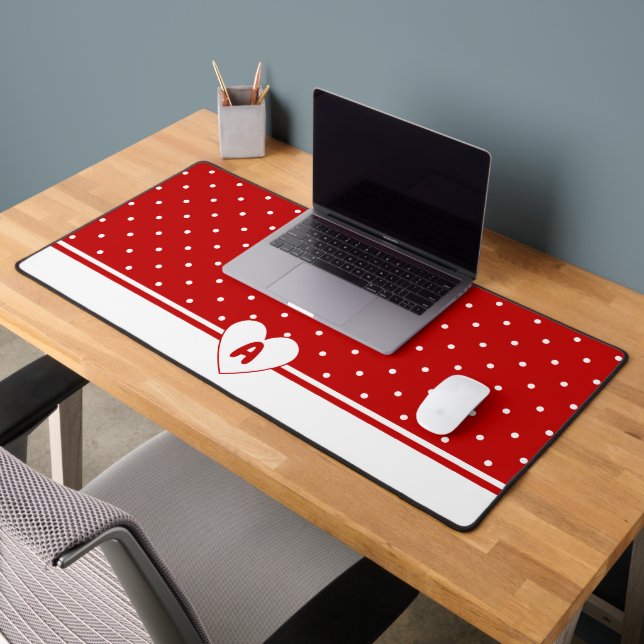 Custom Polka Dot Red White Background Monogram Des Schreibtischunterlage (Büro 2)