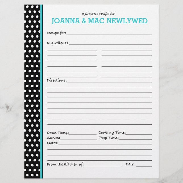 Custom Polka Dot Turquoise Akzent Rezept Seite (Vorderseite)