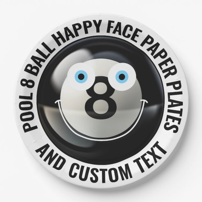 Custom Pool 8 Ball Party BLUE EYES Happy Face 9" Pappteller (Vorderseite)
