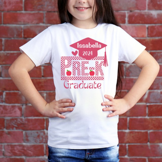 Custom Pre-K Grad Chekered und Cap for Girls Pink T-Shirt (Von Creator hochgeladen)