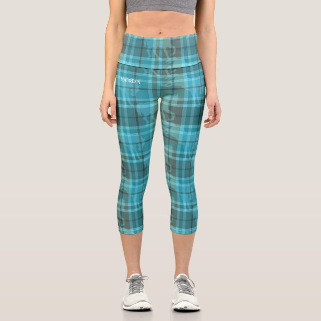 Custom preppy aqua blue turquoise horse tartan  capri leggings (Vorderseite)