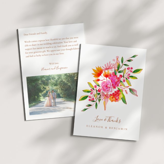 Custom Preprinted Pink Orange Floral Photo Wedding Dankeskarte (Von Creator hochgeladen)