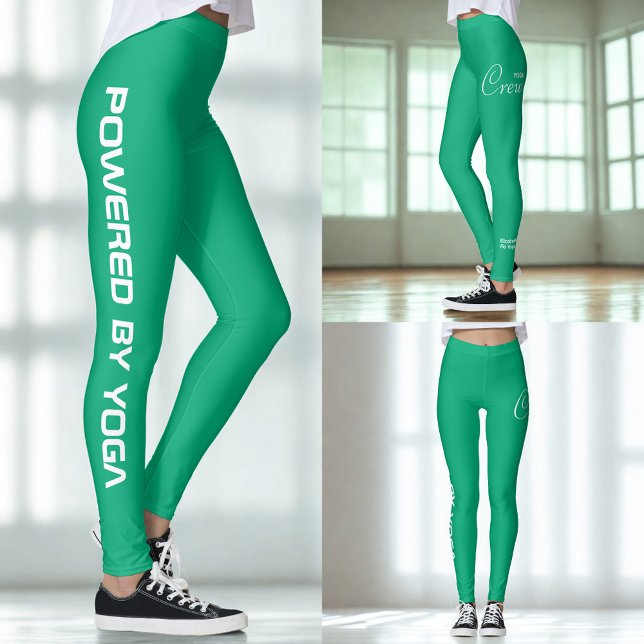 Custom Print Yoga Crew Green Blue Leggings (Crew green yoga leggings. Three views.)