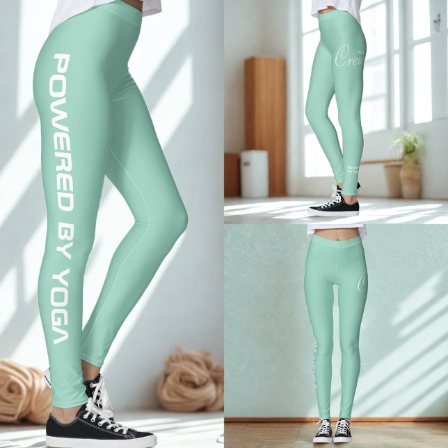 Custom Print Yoga Crew Light Teal Leggings (Light teal yoga leggings shown in 3 views.)