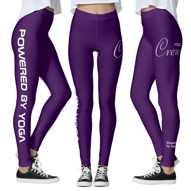 Custom Print Yoga Crew Purple Leggings (Purple yoga leggings. White background.)