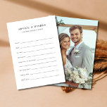 Custom Prompt Foto Wedding Wünsche und Hinweiskarte<br><div class="desc">Erleben Sie herzliche Momente mit diesen individuellen, schnellen Foto-Hochzeitsratenkarten, die perfekt für die Wünsche und Ratschläge für Braut und Bräutigam geeignet sind. Ideal für Brautpartys, Hochzeiten und sogar Abschluss- oder Babyduschen, bieten diese Karten den Gästen eine durchdachte Möglichkeit, sich über Neuvermählte oder die zukünftige Mutter zu informieren. Eine persönliche Touch...</div>