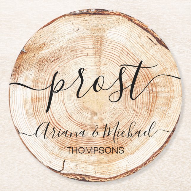 Custom Prost German Wedding Wood Grain Runder Pappuntersetzer (Vorderseite)