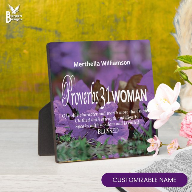 Custom PROVERBS 31 FRAU Inspirational Floral Fotoplatte (Pretty PROVERBS 31 floral Christian plaque in purple. Ideal personalized Mother's Day gift for Moms)