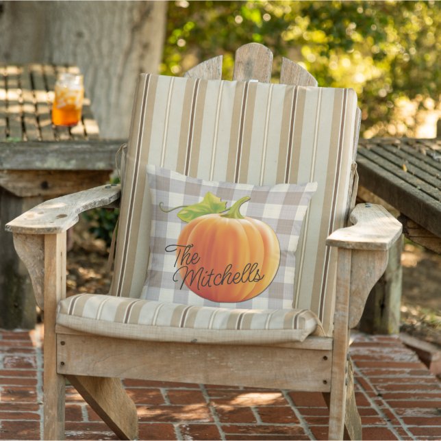 Custom Pumpkin Autumn Beige Brown Gingham Pattern Kissen (Stuhl)