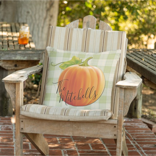 Custom Pumpkin Fall Light Green Gingham Muster Kissen (Stuhl )