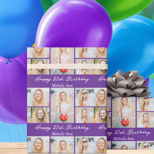 Custom Purple Happy Birthday Photo Collage Geschenkpapier (Von Creator hochgeladen)