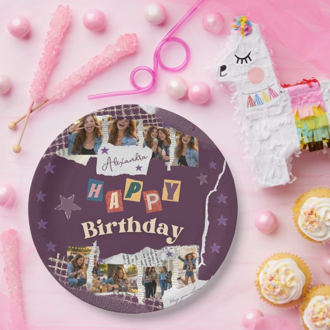 Custom Purple Sweet 16 Photo Collage Pappteller (Party)