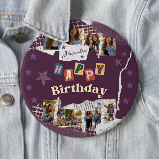 Custom Purple Teen Girl Birthday Photo Collage Button