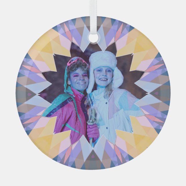 Custom Purple Yellow Christmas Star Photo Gift Ornament Aus Glas (Vorderseite)