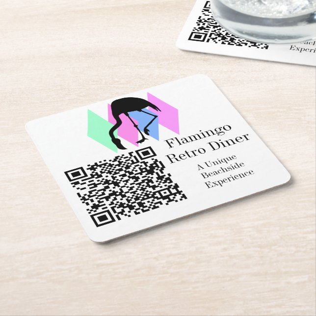 Custom QR Code Café Restaurant Bar Retro Flamingo Rechteckiger Pappuntersetzer (angewinkelt)
