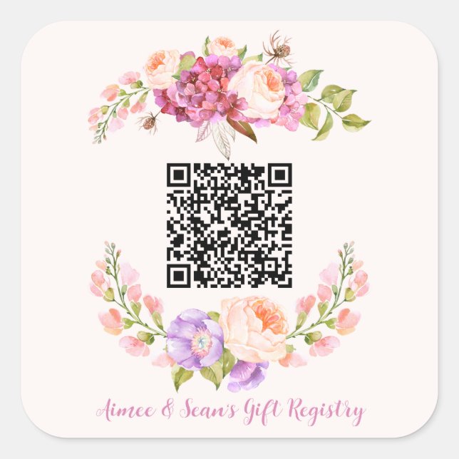 Custom QR Code Floral Frame Wedding Gift Registry Quadratischer Aufkleber (Vorderseite)