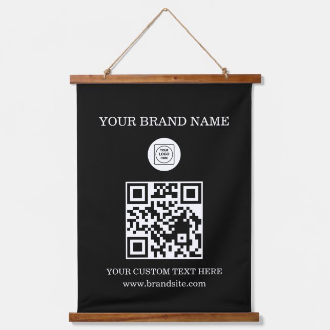 Custom QR Code Logo and Text Branding Display Wandteppich Mit Holzrahmen (Vorderseite)