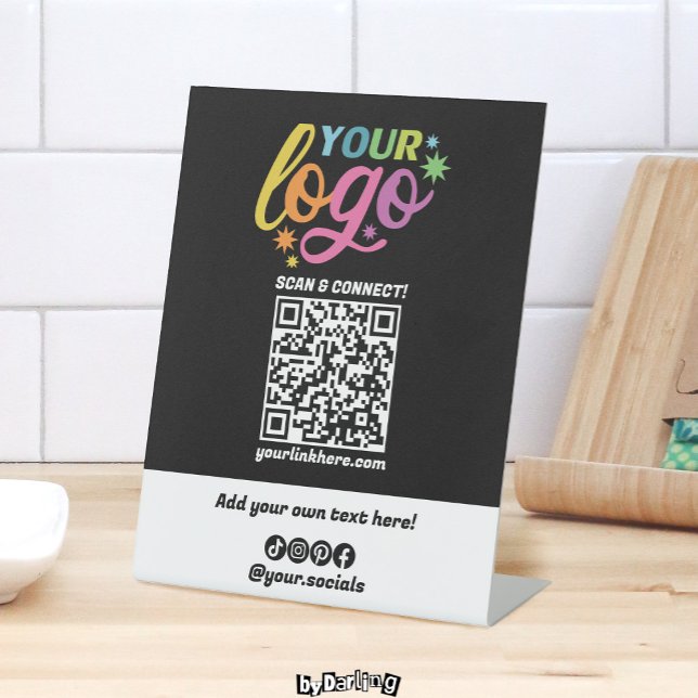 Custom QR Code Logo Socials Schwarz-weiß Rainbow Sockelschild (Pedestal Sign Custom Logo QR Code Black White Rainbow Modern Basic)