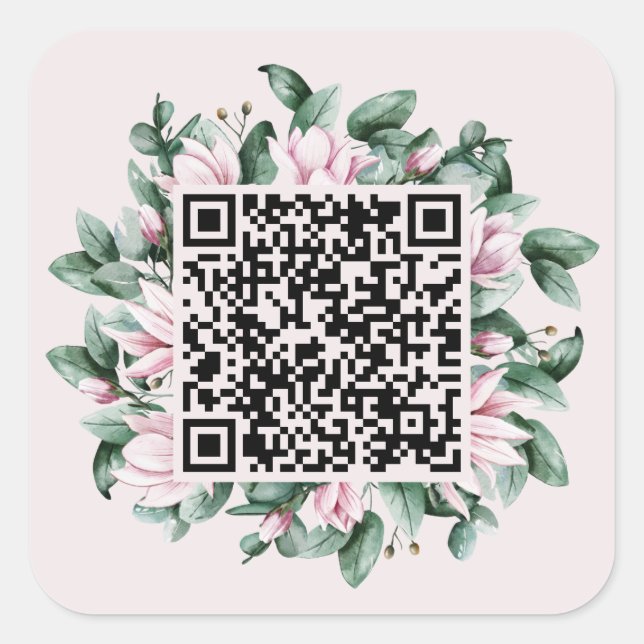 Custom QR Code Magnolia Blume Frame Wedding Quadratischer Aufkleber (Vorderseite)
