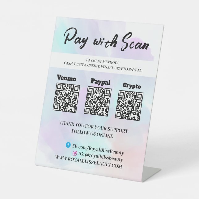 Custom QR Triple Payment Table Tent Pedestal Sign Sockelschild (Vorderseite)