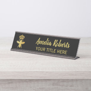 Custom QUEEN BEE Gold Black Namplate Holder Schreibtischnamensplakette