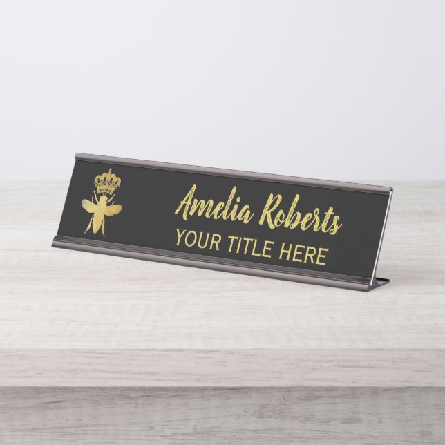 Custom QUEEN BEE Gold Black Namplate Holder Schreibtischnamensplakette (Vorderseite )