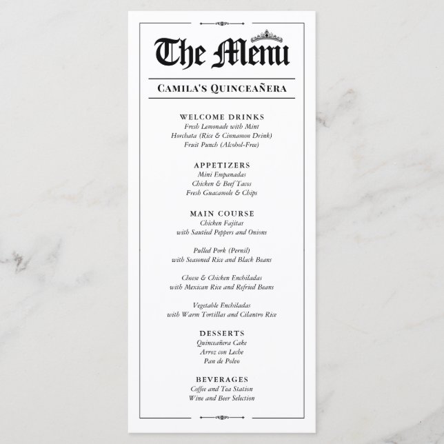 Custom Quinceañera Menu, Black White Interactive Menükarte (Vorderseite)