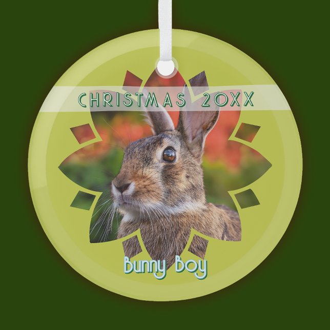 Custom Rabbit Photo on Yellow Green Ornament Aus Glas (Von Creator hochgeladen)
