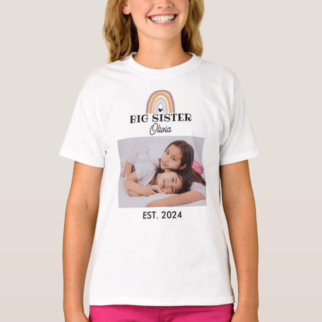 Custom Rainbow Big Sister mit Foto T-Shirt (Vorderseite)
