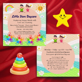 Custom Rainbow Handprint Sun Daycare Card Template Quadratische Visitenkarte