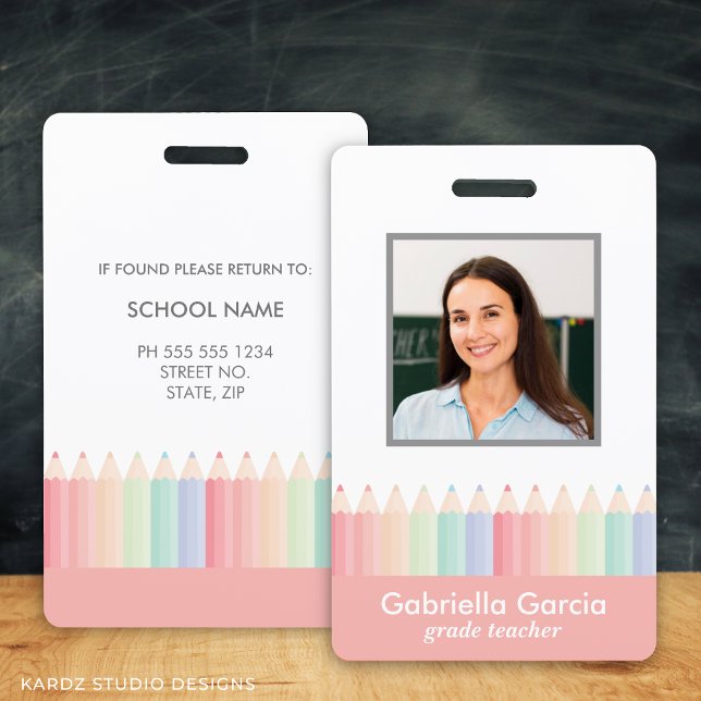 Custom Rainbow School Teacher ID Abzeichen Ausweis (Personalize this teacher ID badge with picture, name and details.)