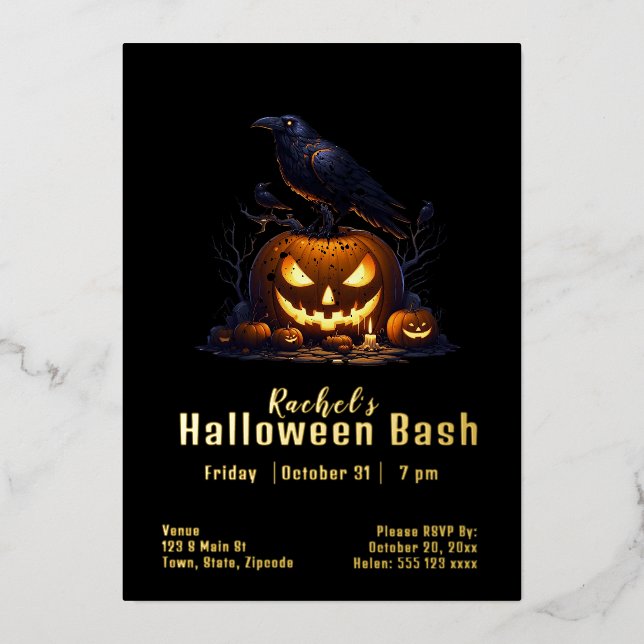 Custom Raven Halloween Jack-o-Laterne Folieneinladung (Vorderseite)