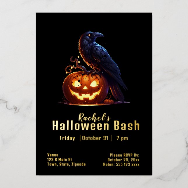 Custom Raven Halloween Jack-o-Laterne Folieneinladung (Vorderseite)