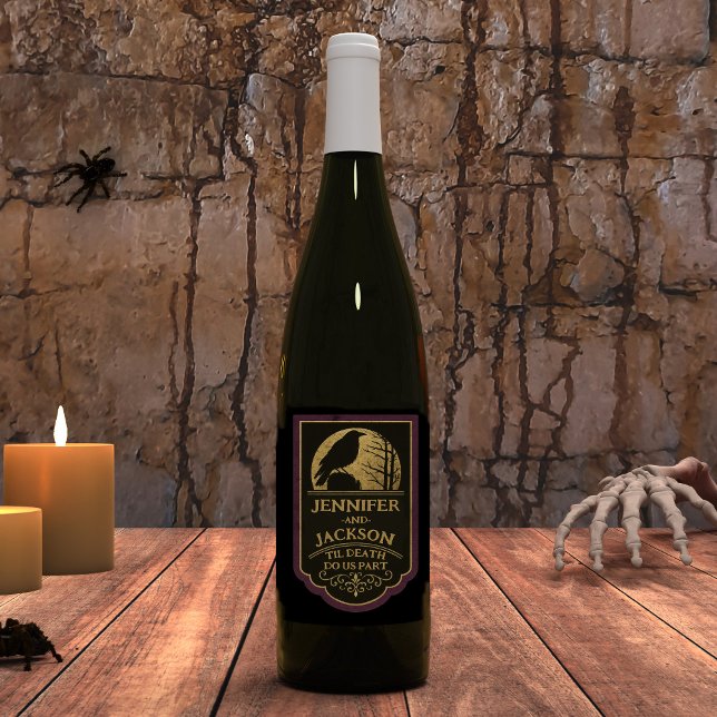Custom Raven Wedding  Weinetikett (Halloween Wedding Wine Bottle Label with Raven Moon and Spooky Tree)