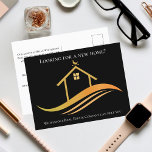 Custom Real Anwesen Company Black Gold Marketing Postkarte<br><div class="desc">Diese schicke,  echte Anwesen-Marketing-Postkarte ist speziell für Ihre Immobilienfirma und Ihren Agent-Namen gemacht. Diese klassische Werbung in Schwarz und Gold verfügt über ein hübsches Haus mit einem Wettergleiter auf der Oberseite und schlichten Kurven darunter. Personalisieren Sie diese Werbeaktion Postkarten mit Ihren eigenen Informationen.</div>