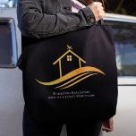 Custom Real Anwesen Company Chic Black Gold Realto<br><div class="desc">Diese schicke,  echte Anwesen-Tote-Tasche ist individuell mit Ihrem Immobilienunternehmen und Agent-Namen gemacht. Diese eleganten Marketing-Taschen aus schwarzem Tote verfügen über ein hübsches Haus mit vergoldetem Wetter auf der Oberseite und schlichten Kurven darunter. Personalisieren Sie mit Ihrer Business-Website unter.</div>