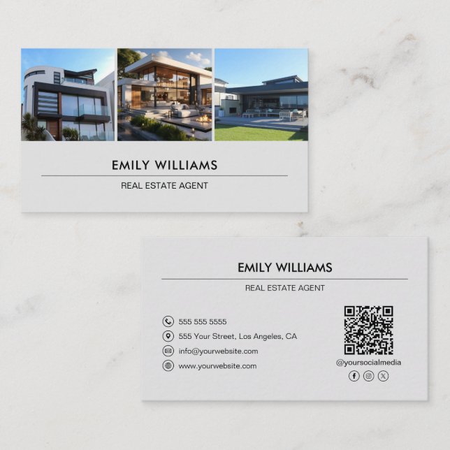 Custom Real Anwesen Foto QR Social Media Grau Visitenkarte (Vorne/Hinten)