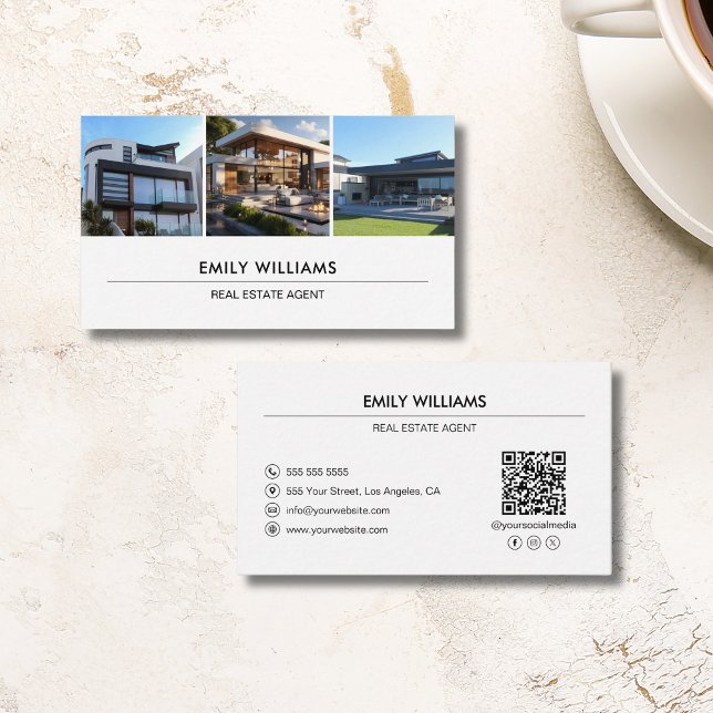 Custom Real Anwesen Foto QR Social Media White Visitenkarte (Custom Real Estate Photo QR Social Media White Business Card)