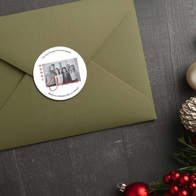 Custom Real Estate Christmas Greeting Chic Photo  Runder Aufkleber (Von Creator hochgeladen)