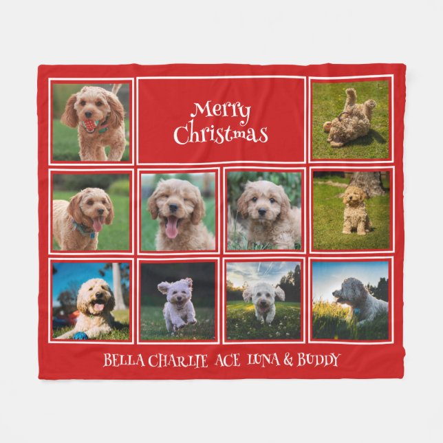 Custom Red 10 Foto Merry Christmas Pets Fleecedecke (Vorderseite (Horizontal))