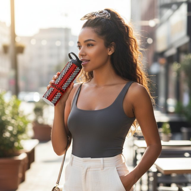 Custom Red and Black Race Sport Strip Thermosbecher (Von Creator hochgeladen)