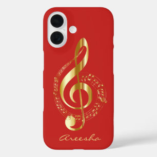 Custom Red and Gold Treble Clef Musiknote iPhone 16 Hülle